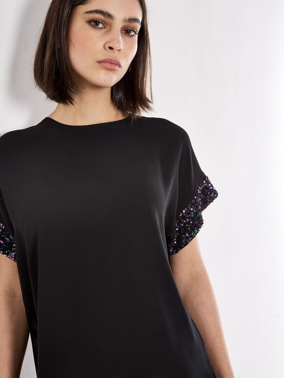 Sequin Trim Chiffon Layered T-Shirt, Assorted, large