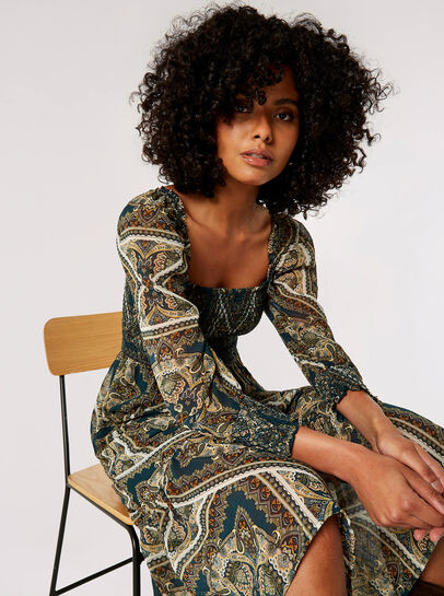 Scarf Print Milkmaid Midi Dress