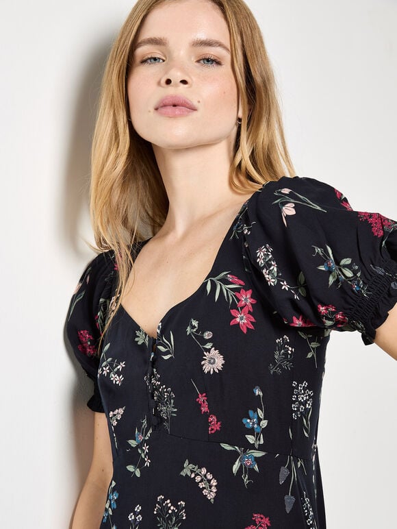 Botanical Floral Smocked Mini Dress, Black, large