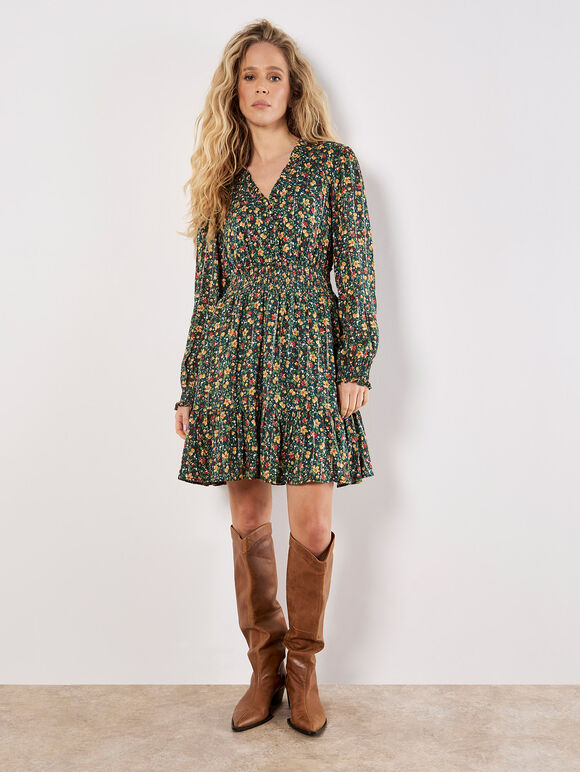 Ditsy Floral Shimmer Mini Dress, Green, large