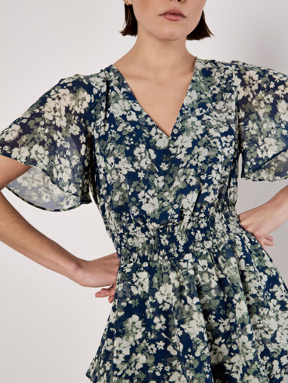 Blurred Floral Tiered Mini Dress, Navy, large