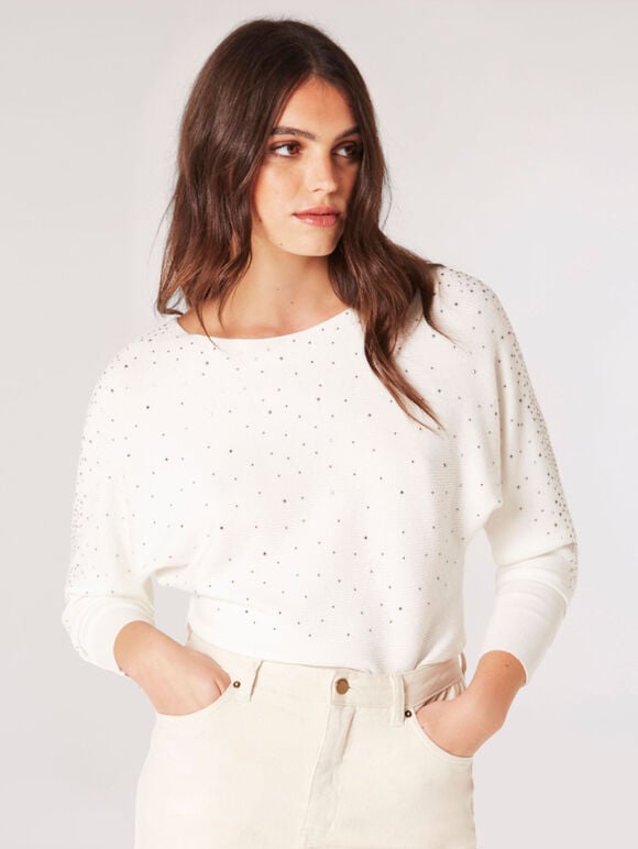 Batwing Sleeve Studded Jumper, White, large