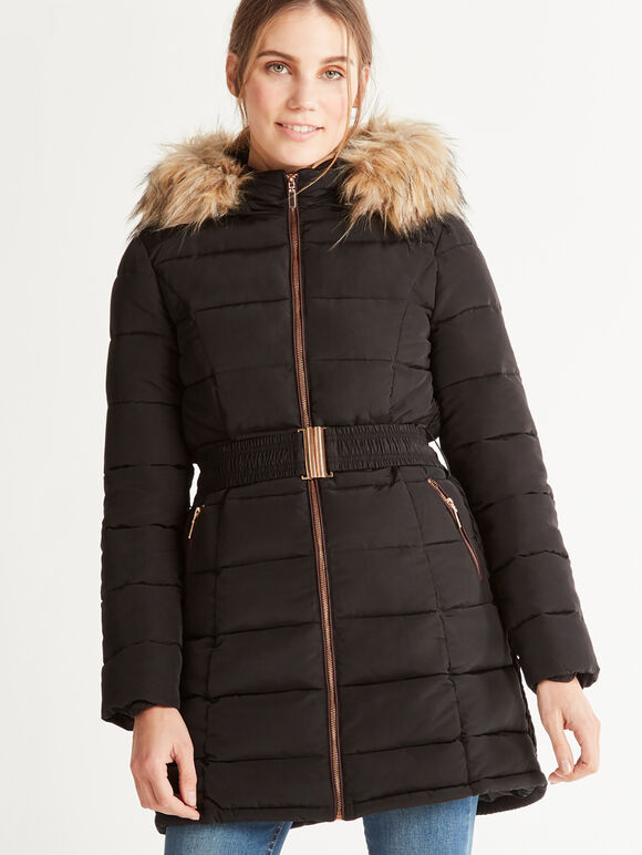 Longline Faux Fur Hood Puffer Jacket, Black, large