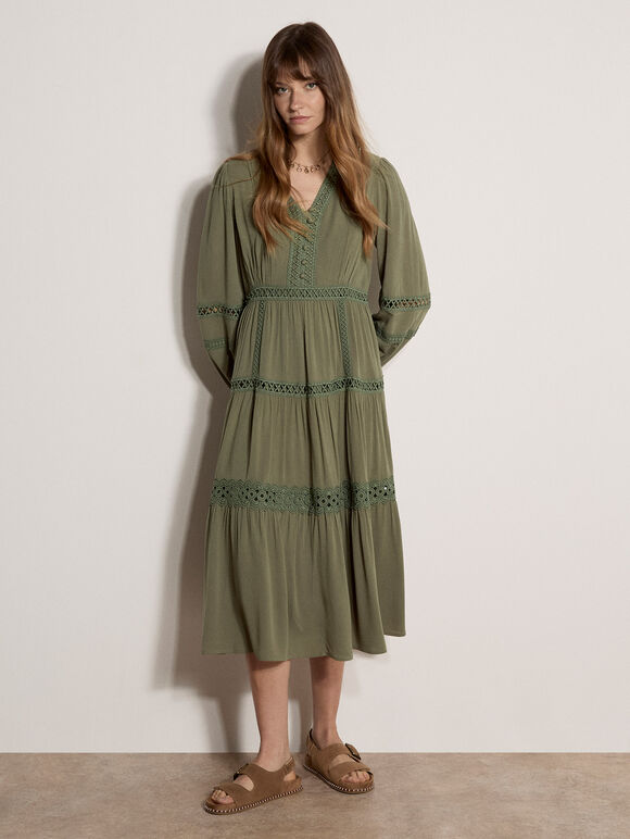 Lace Trim Tiered Midi Dress, Khaki, large
