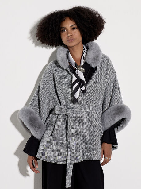 Faux Fur Trim Tweed Cape