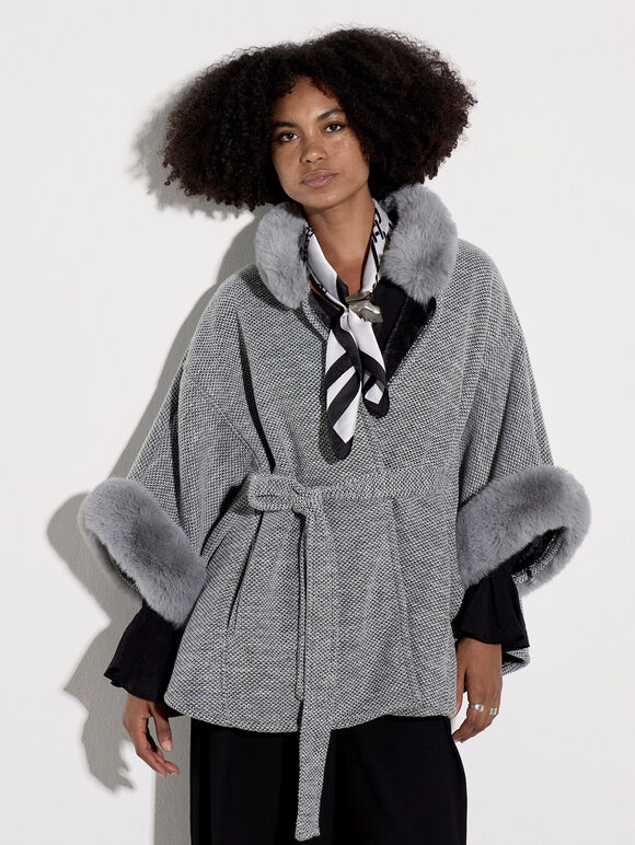 Faux Fur Trim Tweed Cape, Grey, large