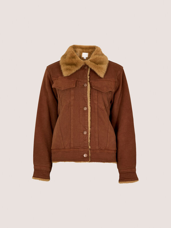 Faux Fur Lined Denim Jacket, Rust, large