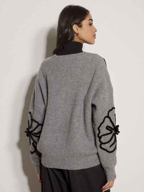 Floral Cornelli Embroidered Jumper, Grey, large