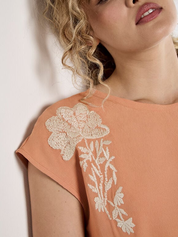 Floral Embroidered Crepe Top, Peach, large