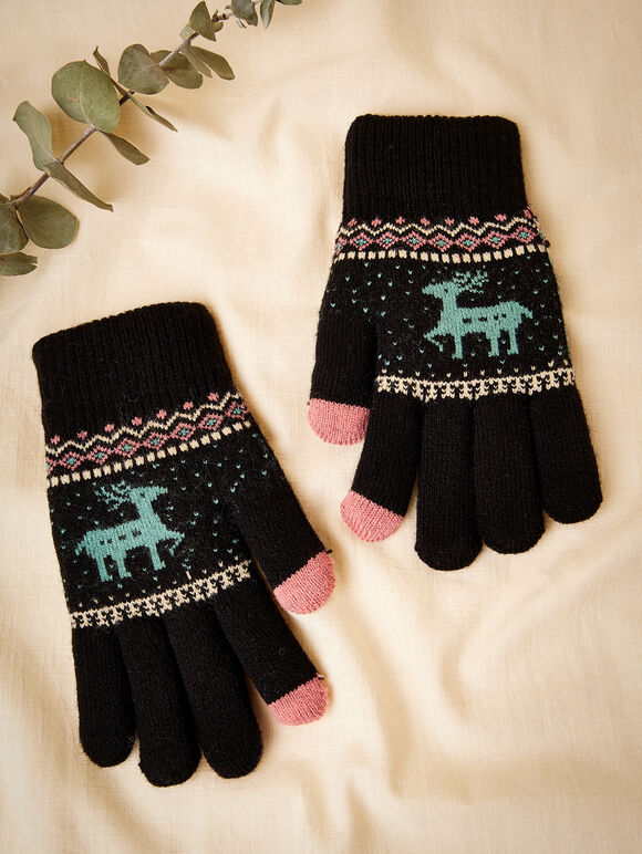 Reindeer Fair Isle Knitted Gloves, Assorted, large