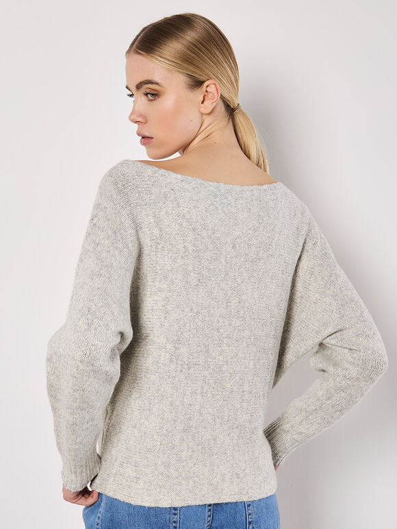 Boat Neck Batwing Jumper, Grey, large