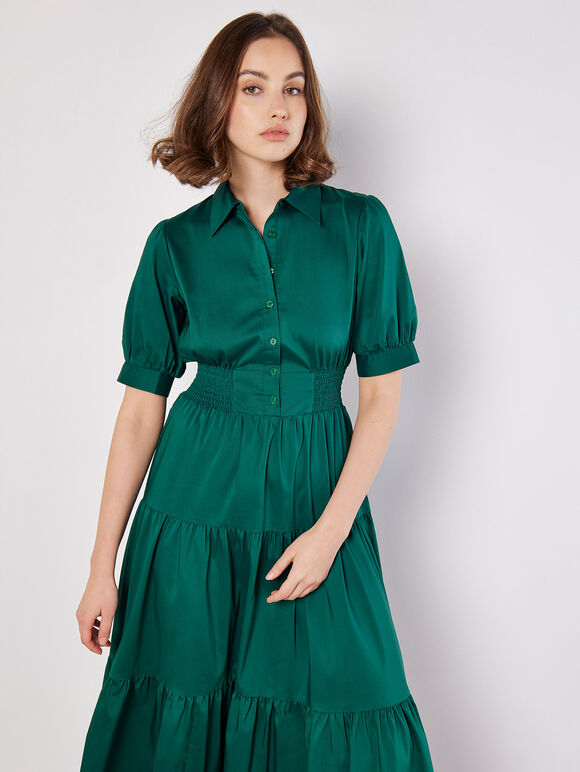 Smocked Waist Shirt Midaxi Dress, Green, large