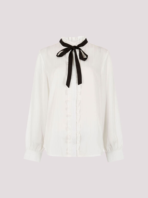 Bow Neck Ruffle Shirt, White, large