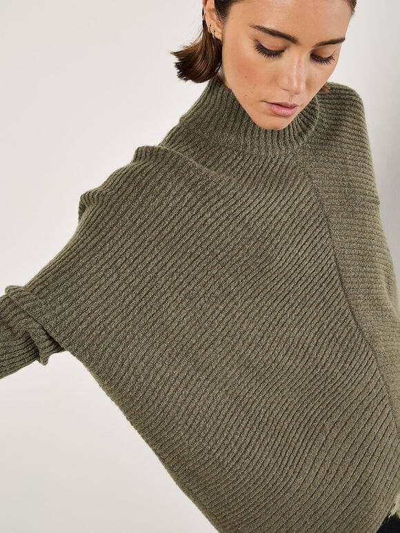 Chevron Knit Oversized Jumper, Khaki, large