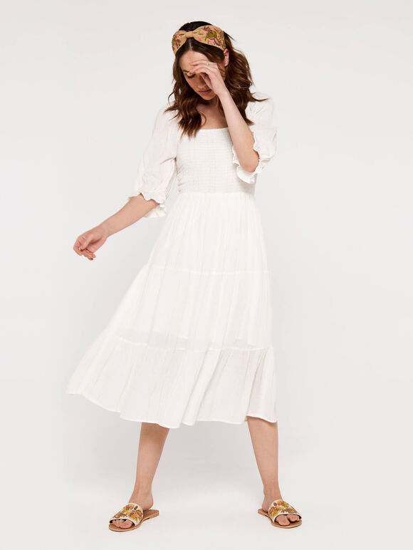 Dobby  Smock Midi  Dress, Cream, large