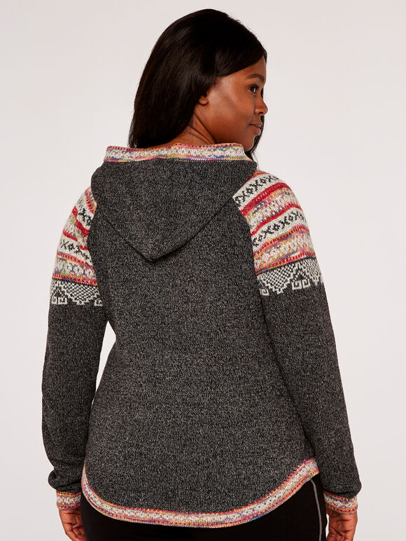 Curve Aztec Knitted Hoodie, Grey, large