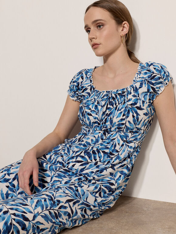 Watercolour Leaf Midi Dress, Blue, large
