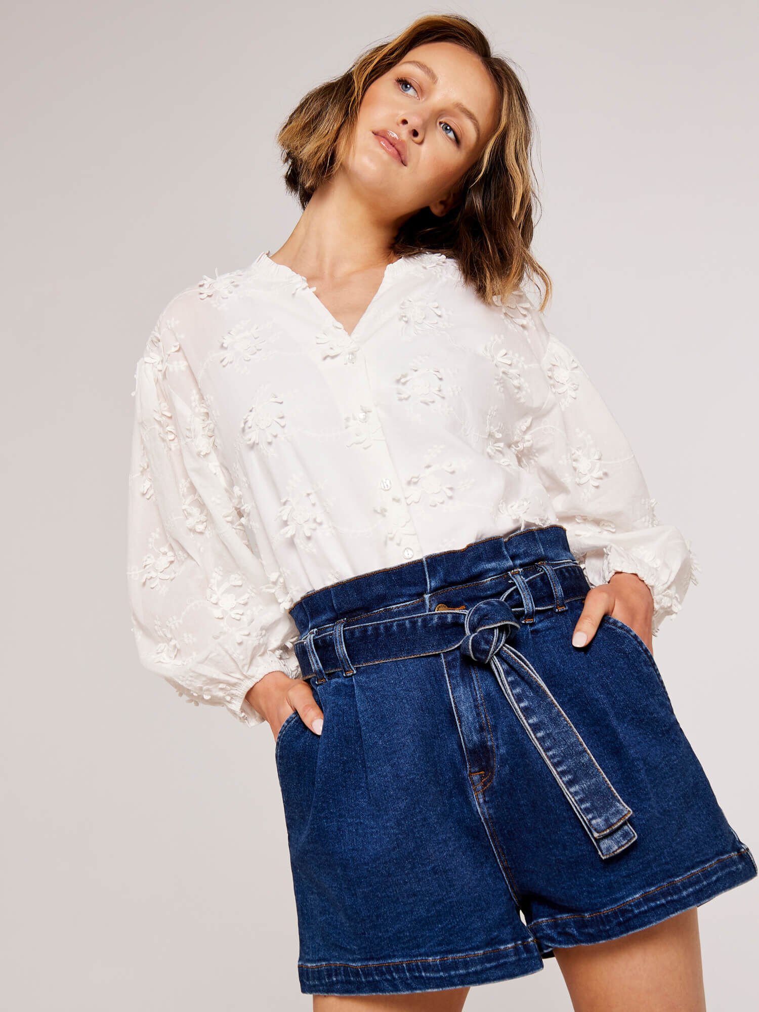 Denim paperbag shorts hot sale