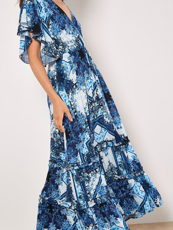 Patchwork Ruffle Tiered Midi Dress, Blue, large