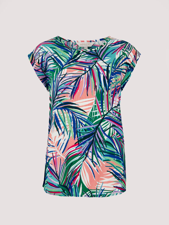 Tropical Palm Print Woven T-Shirt, Pink, large