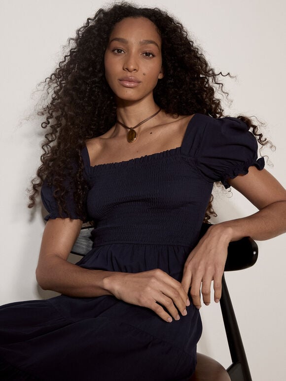 Cotton Tiered Milkmaid Midi Dress, Navy, large