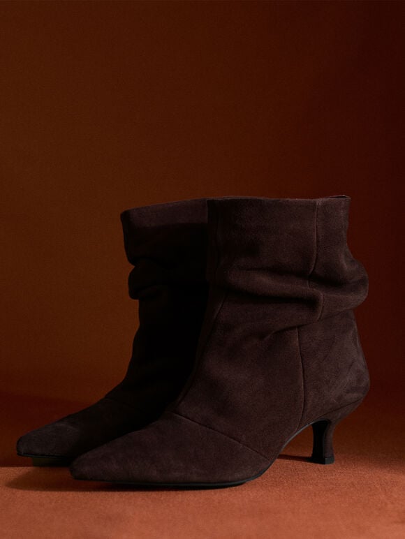 Slouchy Suede Kitten Heel Boots, Brown, large