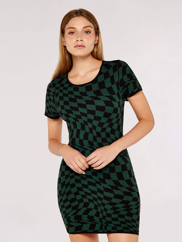 Check Bodycon Knit Dress, Green, large