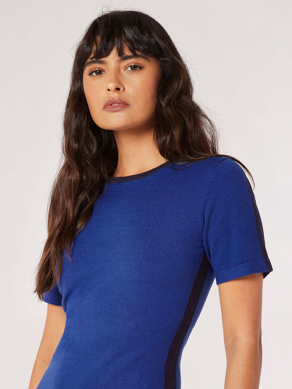 Stripe Panel Knitted Bodycon Mini Dress, Blue, large