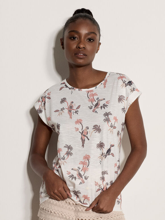 Parrot And Palm Print Slub T-Shirt, Coral, large