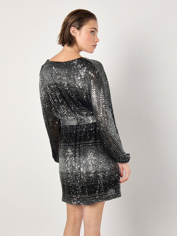 Ombre Sequin Wrap Mini Dress, Black, large
