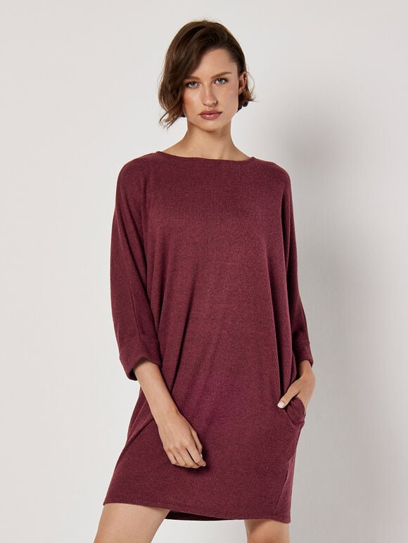 Ribbed Cocoon Mini Dress, Burgundy, large