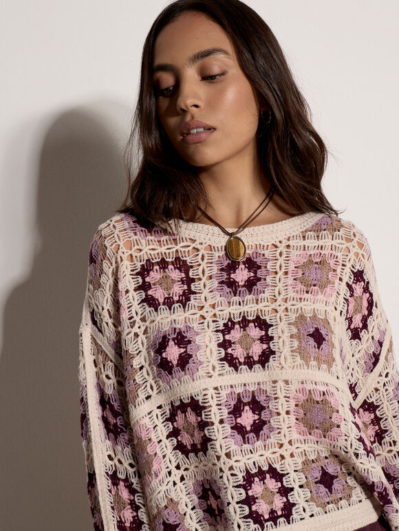 Crochet Squares Cropped Jumper, Mauve, large
