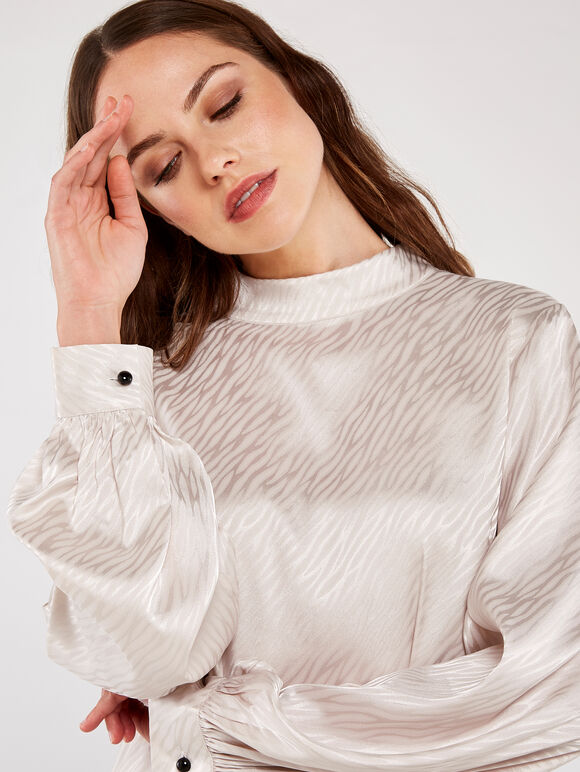 Jacquard Lines High Neck Long Sleeve Top, Light Grey / Silver, large