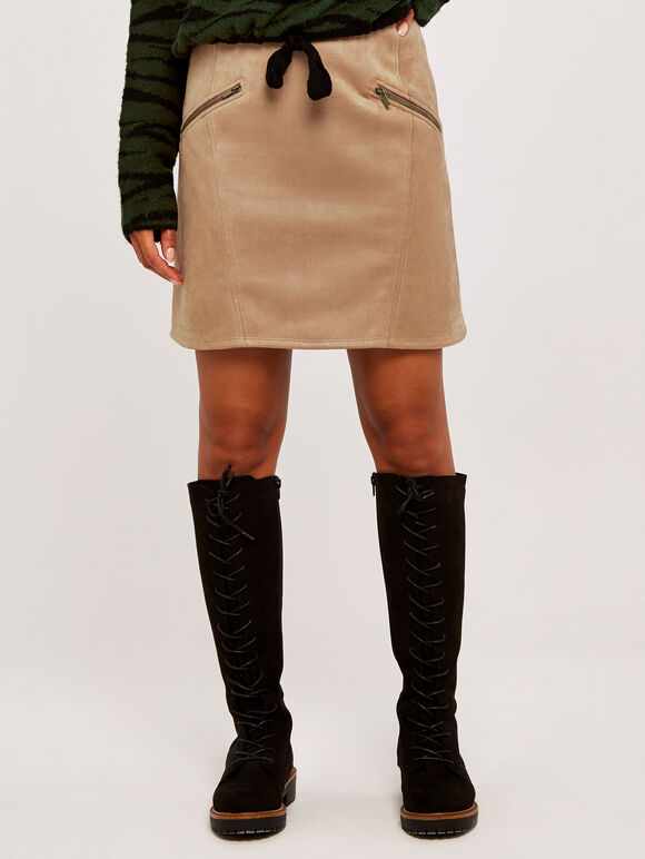 Suedette 2 Zip Pocket Panel Skirt, Stone, large