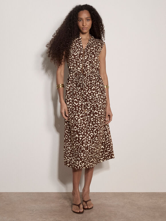 Animal Print Midi Dress, Brown, large