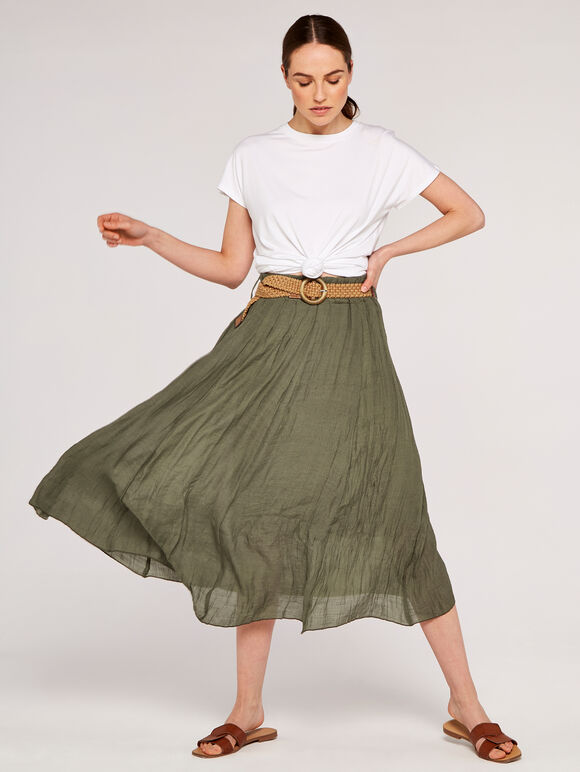 Shimmer Crinkle Midi Skirt, Khaki, large