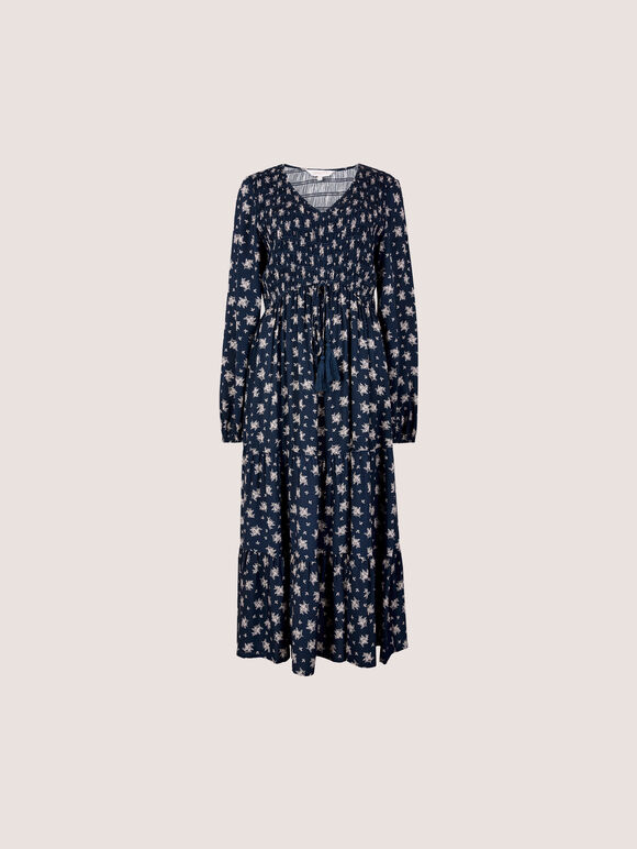 Smocked Floral Midi Dress, Navy, large