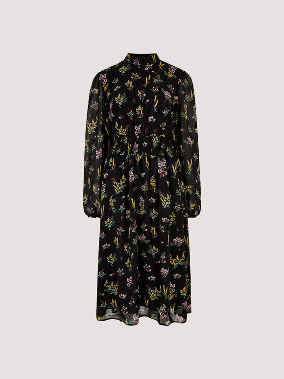 Floral Bouquet Smocked Midi Dress, Black, large