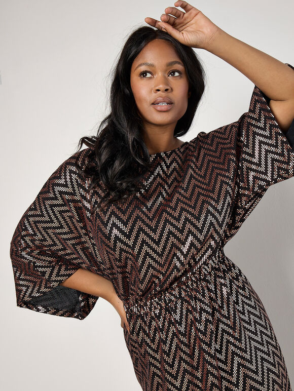 Curve Chevron Mirror Sequin Midi Dress, Brown, large