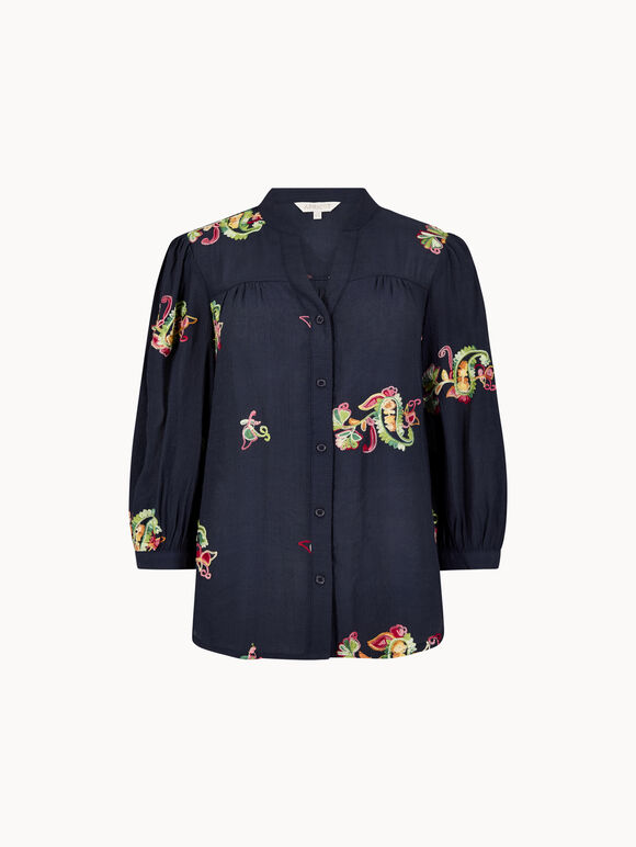 Floral Paisley Embroidered Blouse, Navy, large