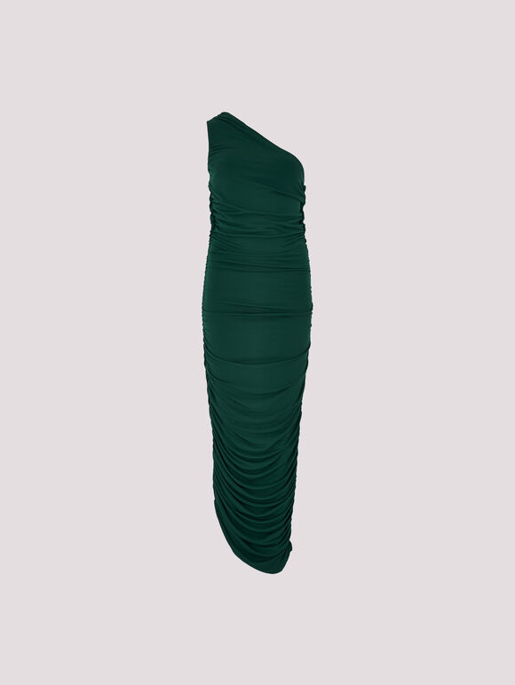 One Shoulder Ruched Maxi Dress, Green, large