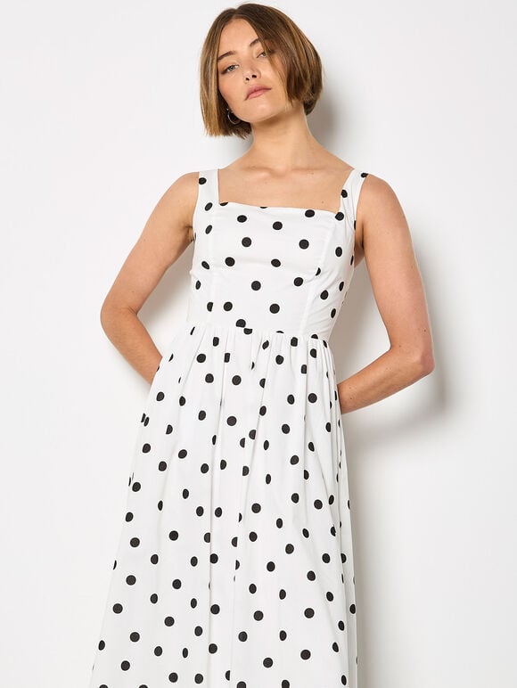 Polka Dot Smocked Midi Dress, White, large