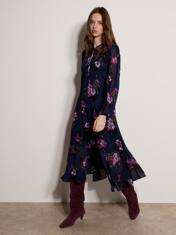 Floral Print Chiffon Midi Dress, Navy, large