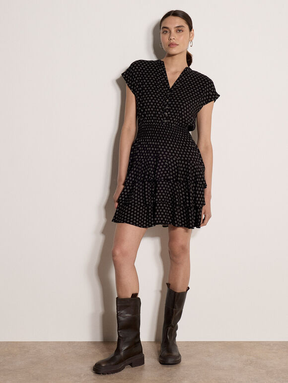 Geo Print Ruffle Mini Dress, Black, large