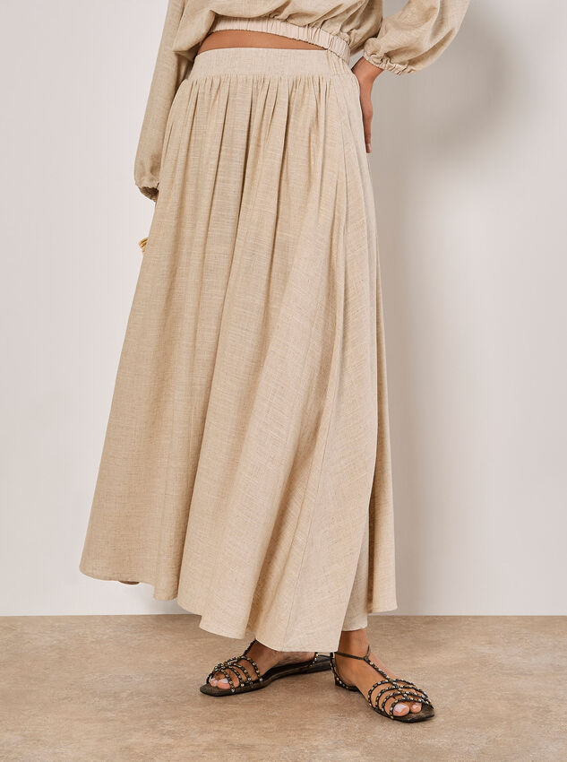 Linen Pleated Midi Skirt, Stone, large