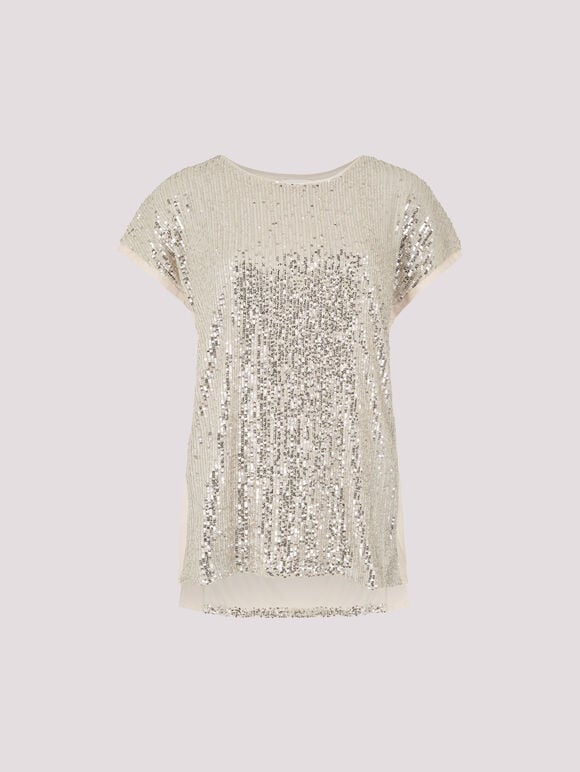 Sequin Embellished T-Shirt, Stone, large