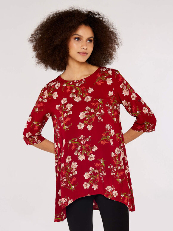 Floral High Low Tunic, Red, large