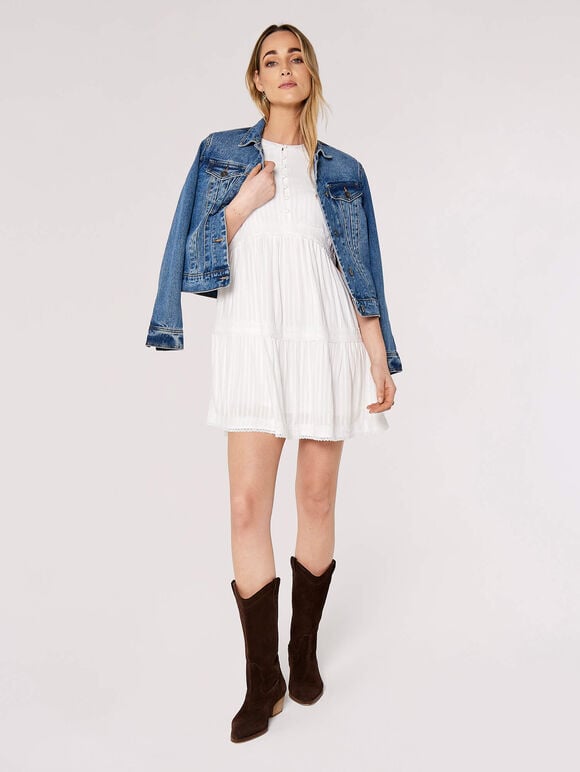 Boho Tiered Mini Dress, White, large