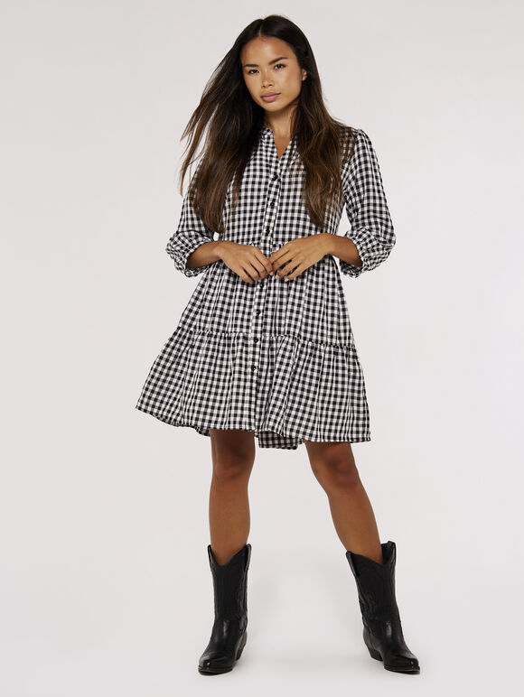 Checked Tiered Mini Dress, Black, large
