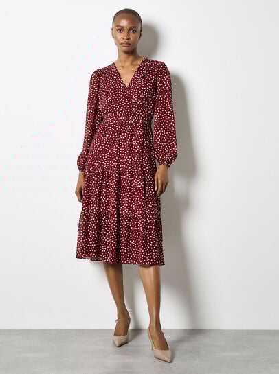 Polka Dot Chiffon Wrap Midi Dress